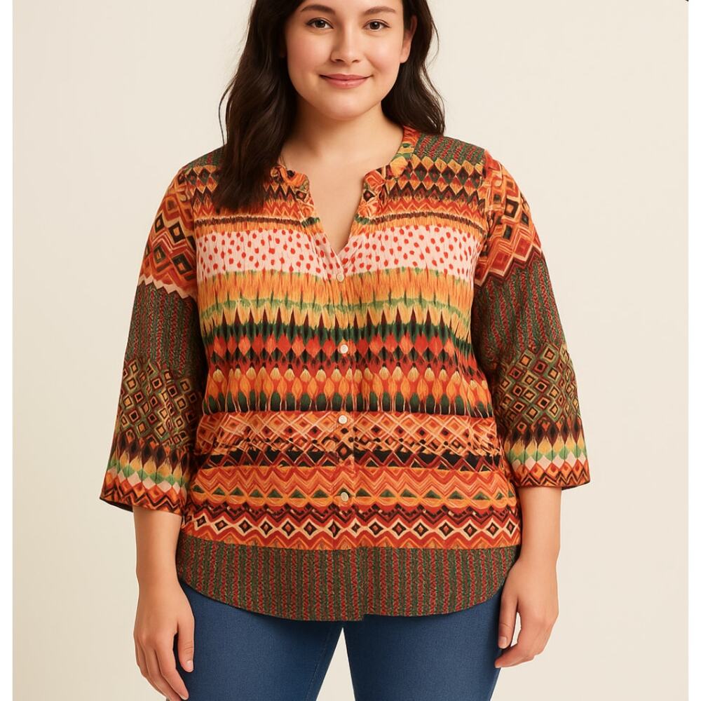 Antilia Femme 3X Boho Geometric Print Peasant Blouse Top Multicolor Flowy Tunic